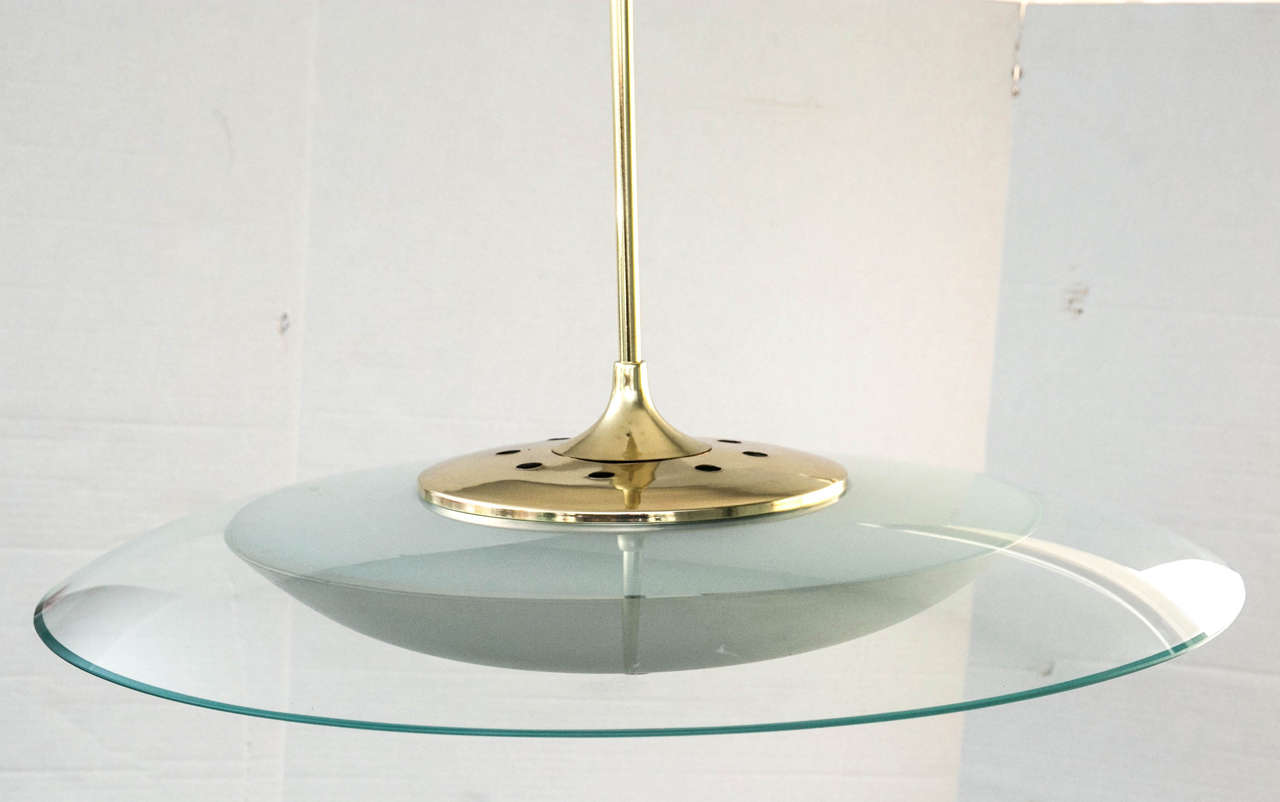 Large Glass and Brass Saucer Pendant Light in the Manner of Fontana Arte In Excellent Condition In Mt Kisco, NY