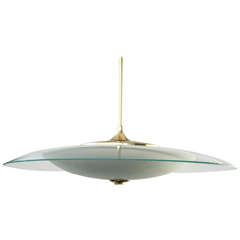 Large Glass and Brass Saucer Pendant Light in the Manner of Fontana Arte