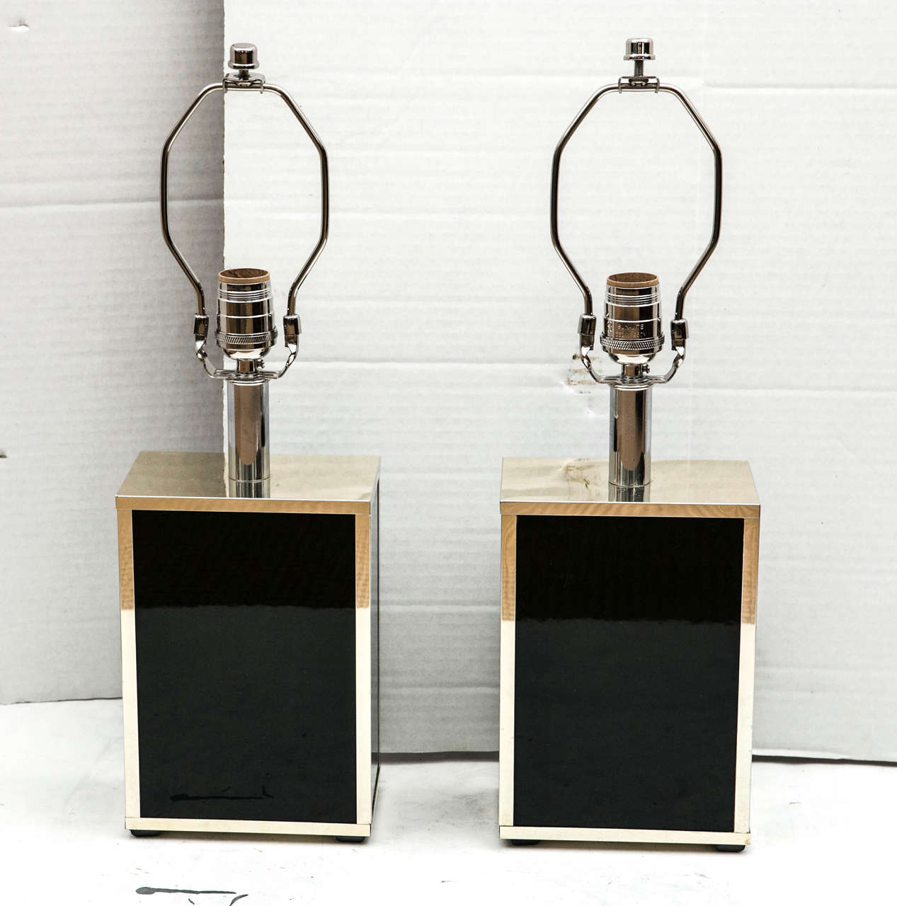 Modern Pair of Petite Chrome and Black Glass Rectangular Box Table Lamps