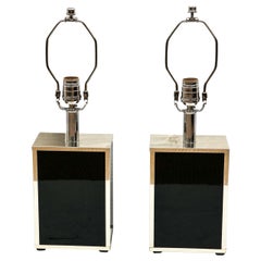 Pair of Petite Chrome and Black Glass Rectangular Box Table Lamps