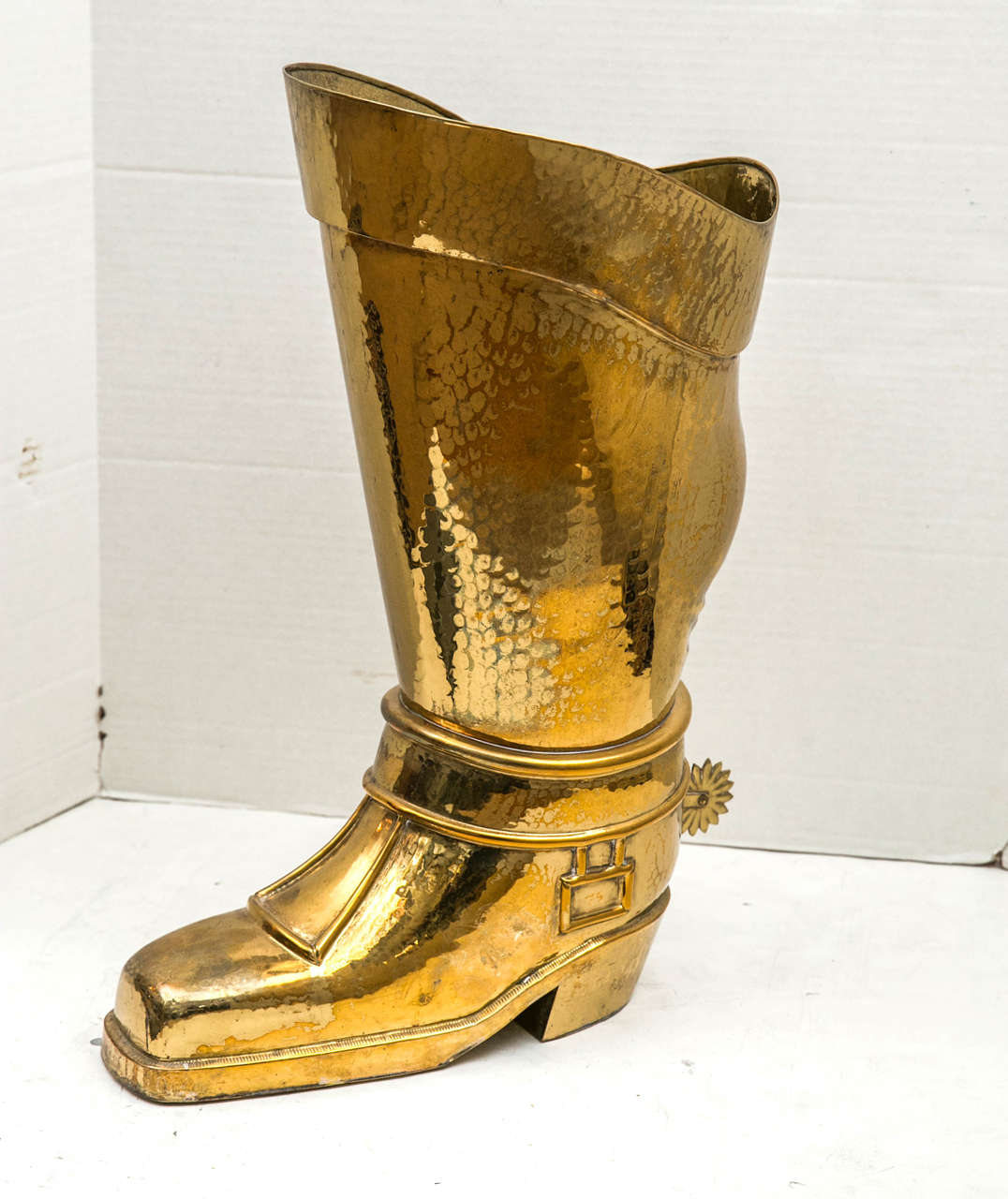 French Hammered Brass Riding Boot Umbrella Stand For Sale