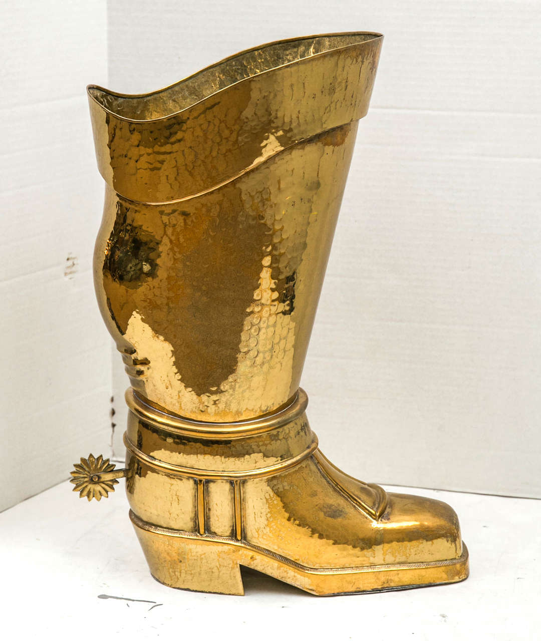 20th Century Hammered Brass Riding Boot Umbrella Stand For Sale
