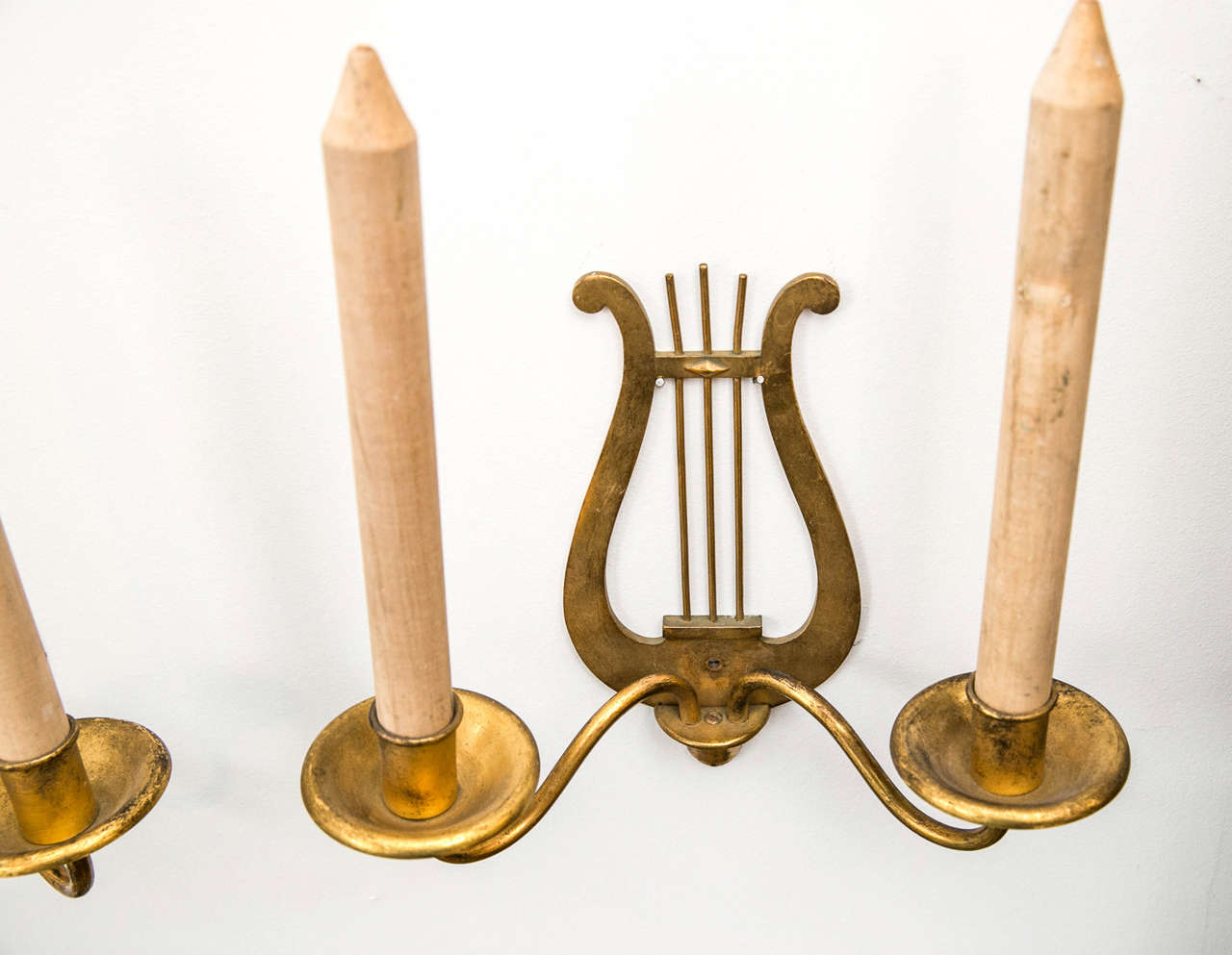 Set of Four Gilt Metal Candle Sconces with Wooden Faux Candles For Sale 1
