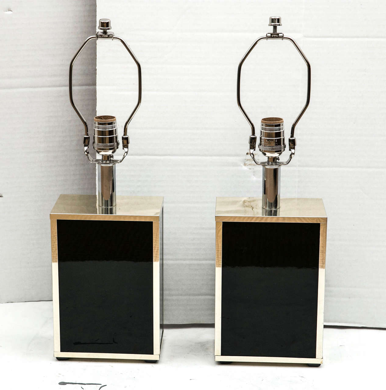 Pair of Petite Chrome and Black Glass Rectangular Box Table Lamps at