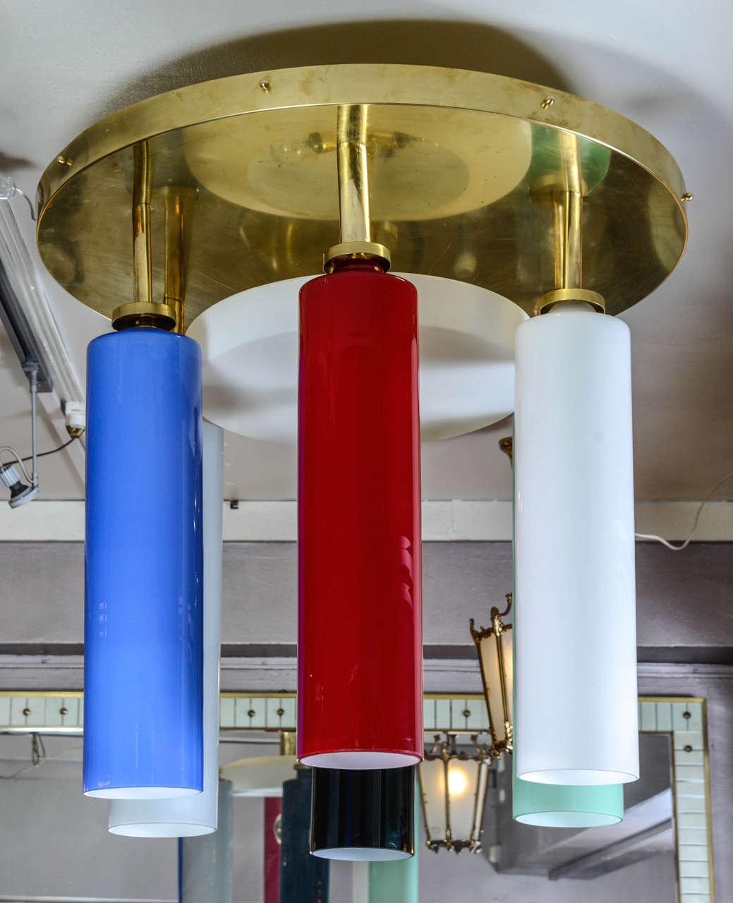 Italian Chandelier with Six Colored Tubes in Murano Glass