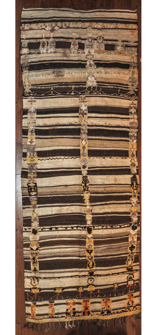 Early 20th century Glouie rug from Atlas Mountains in Africa.
Unique to the Glouie pieces, is the raised wool designs next to the flat-weave ground. This piece has an interesting pattern and coloration

Dimensions: 56