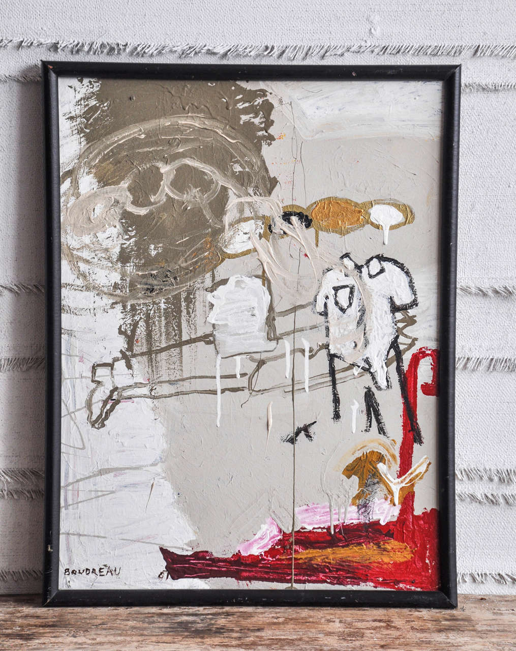Late 20th century original art by artist Joe Bouderau. Acrylic on canvas with wooden handmade frame. Bold color usage with grays, golds, browns and red.

Dimensions: 19