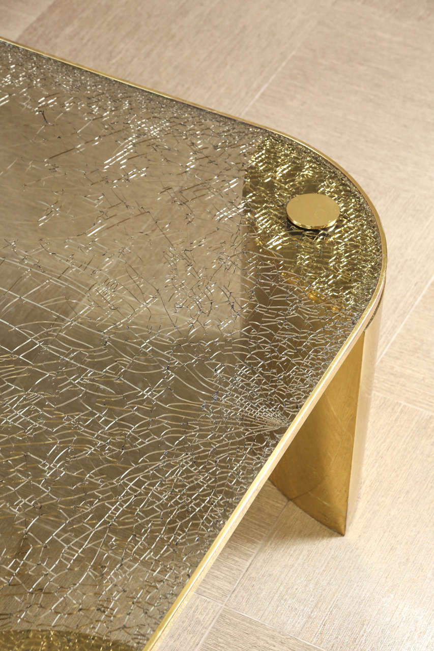 Polished Fantastic Coffee Table of Brass with a Crackle Glass Top by Steve Chase