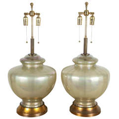 Retro Pair of Large Pearlized Glass Lamps