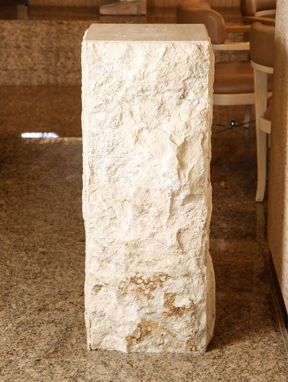 Large rough-hewn travertine pedestals by Steve Chase.
The tops of the pedestals are polished travertine and they are being sold individually.
The largest pedestal height is 40