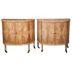 Burled Maple and Walnut Demilune Consoles