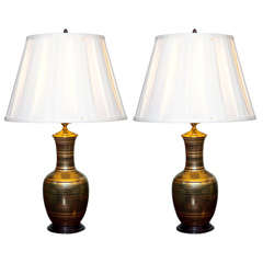 Pair of Antique Green and Gold Striped Vases Mounted as Lamps