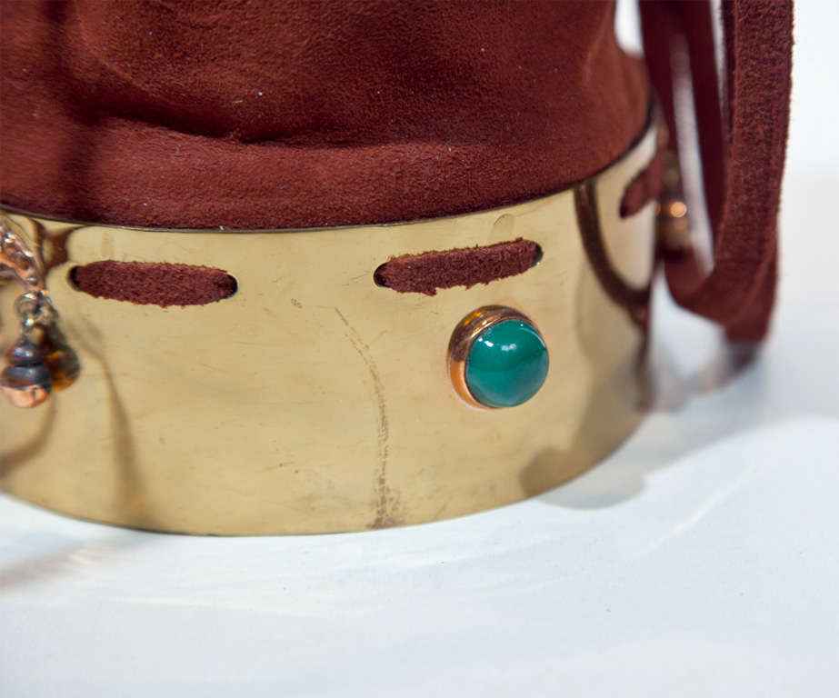 funkyfinders is pleased to present this limited edition drawstring purse featuring ornate copper and brass scarab accents.  We've never seen this before in a purse, which is why it was in our personal collection.  The suede: the softest ... the