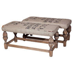 Pair 1920s Jacobean Oak Benches in Old Burlap Cover