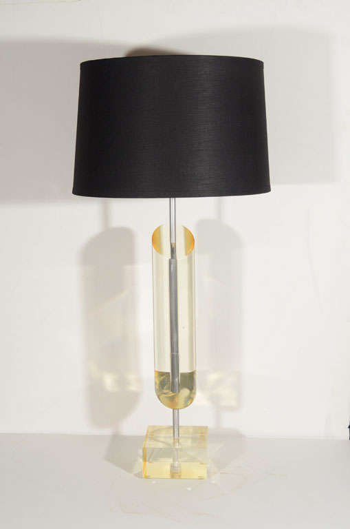 Mid-Century Modern Amber Lucite Lamp with Slanted Column Design
