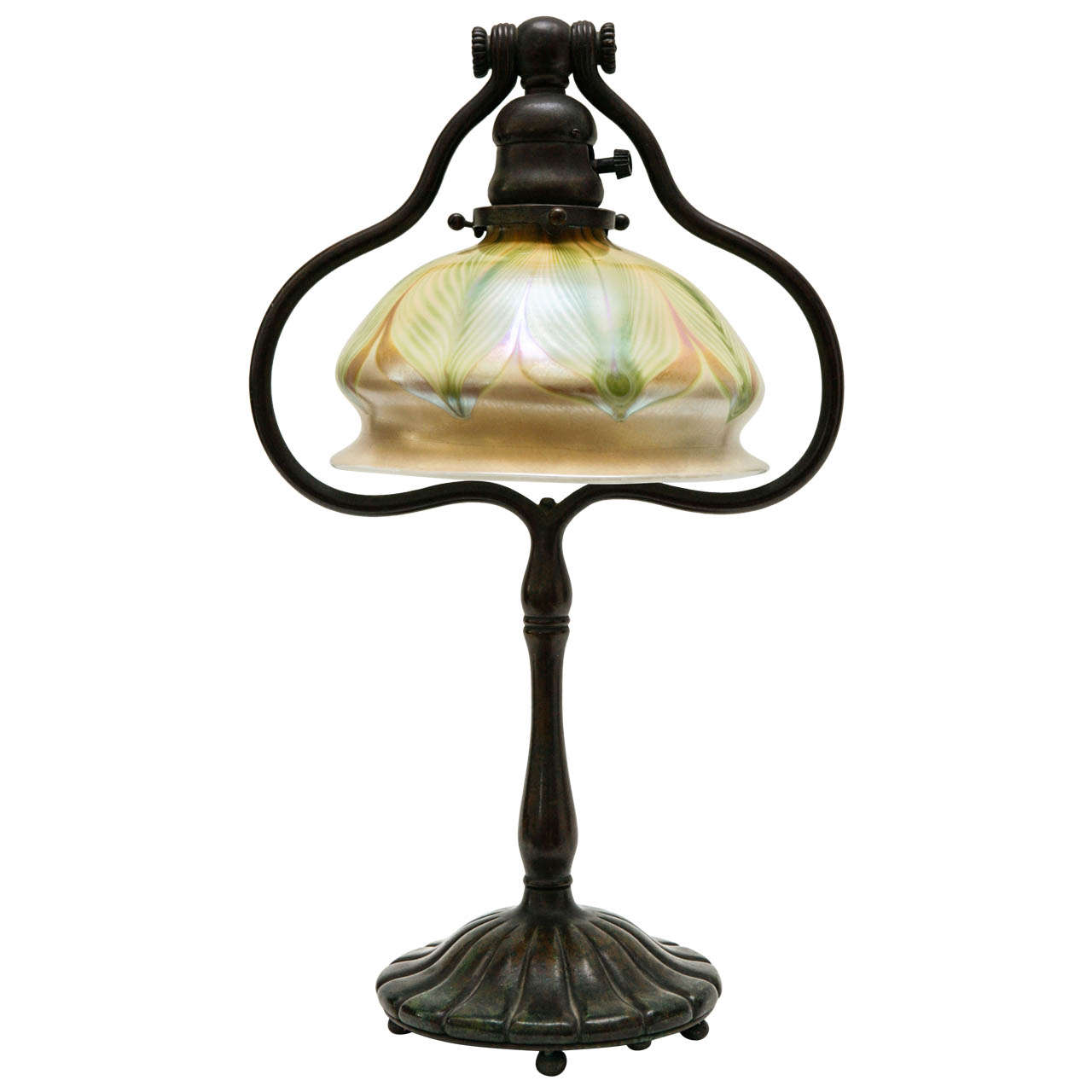 Tiffany Studios Bronze Harp Lamp with Louis Comfort Tiffany Glass Shade