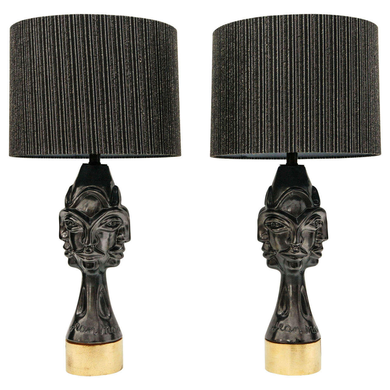 Pair of Gunmetal Glazed Ceramic Lamps by Jean Marais