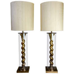 Pair of Table Lamps with Golden Carved Tosades inside a Glass Tube