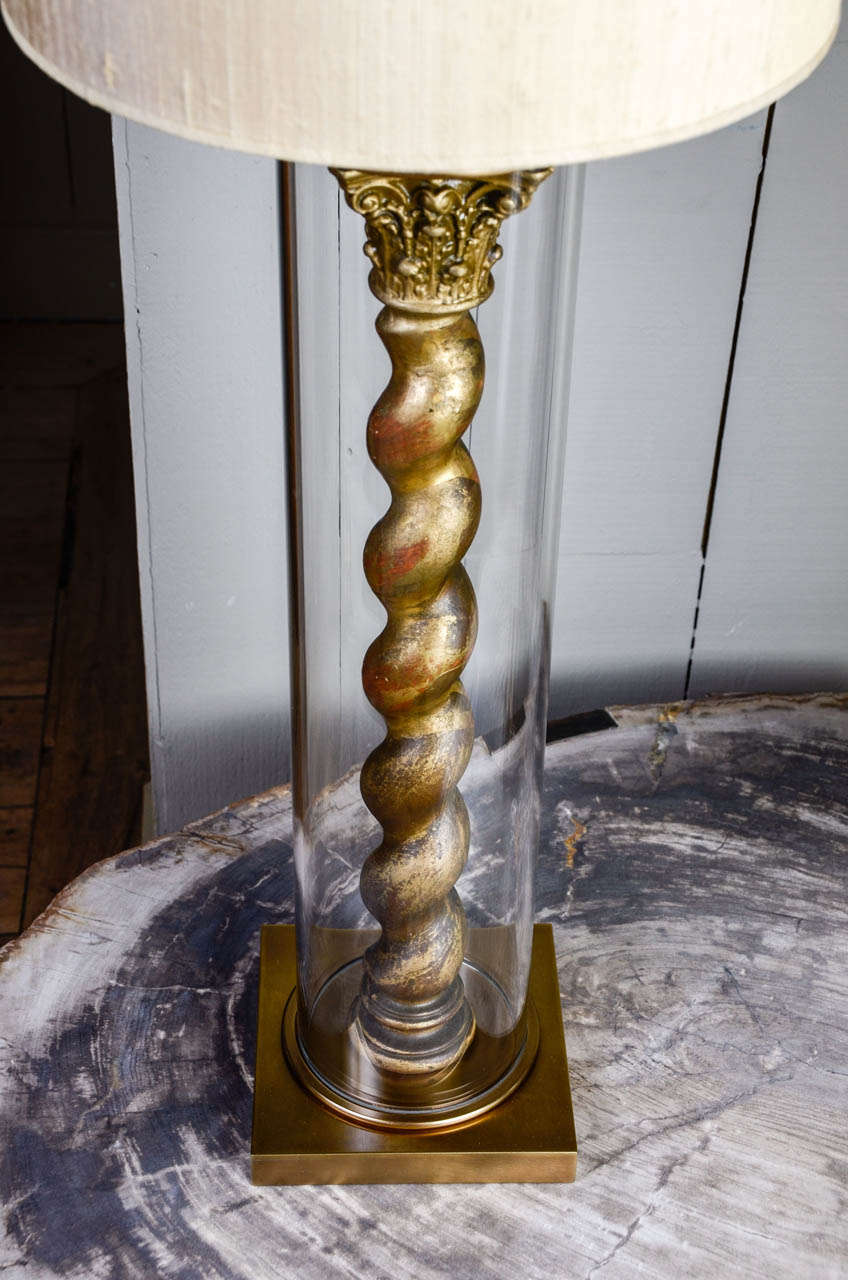 French Pair of Table Lamps with Golden Carved Tosades inside a Glass Tube