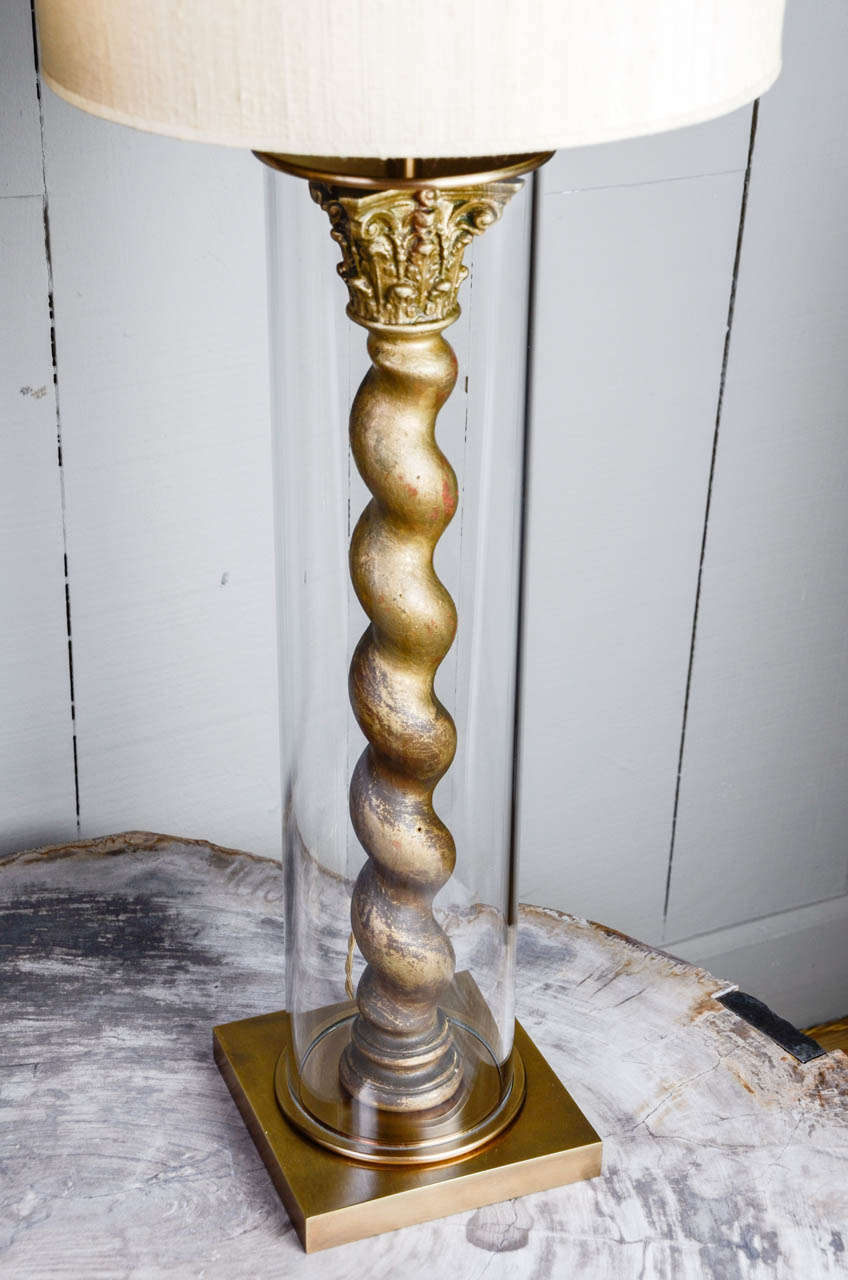 Pair of Table Lamps with Golden Carved Tosades inside a Glass Tube In Excellent Condition In Paris, FR