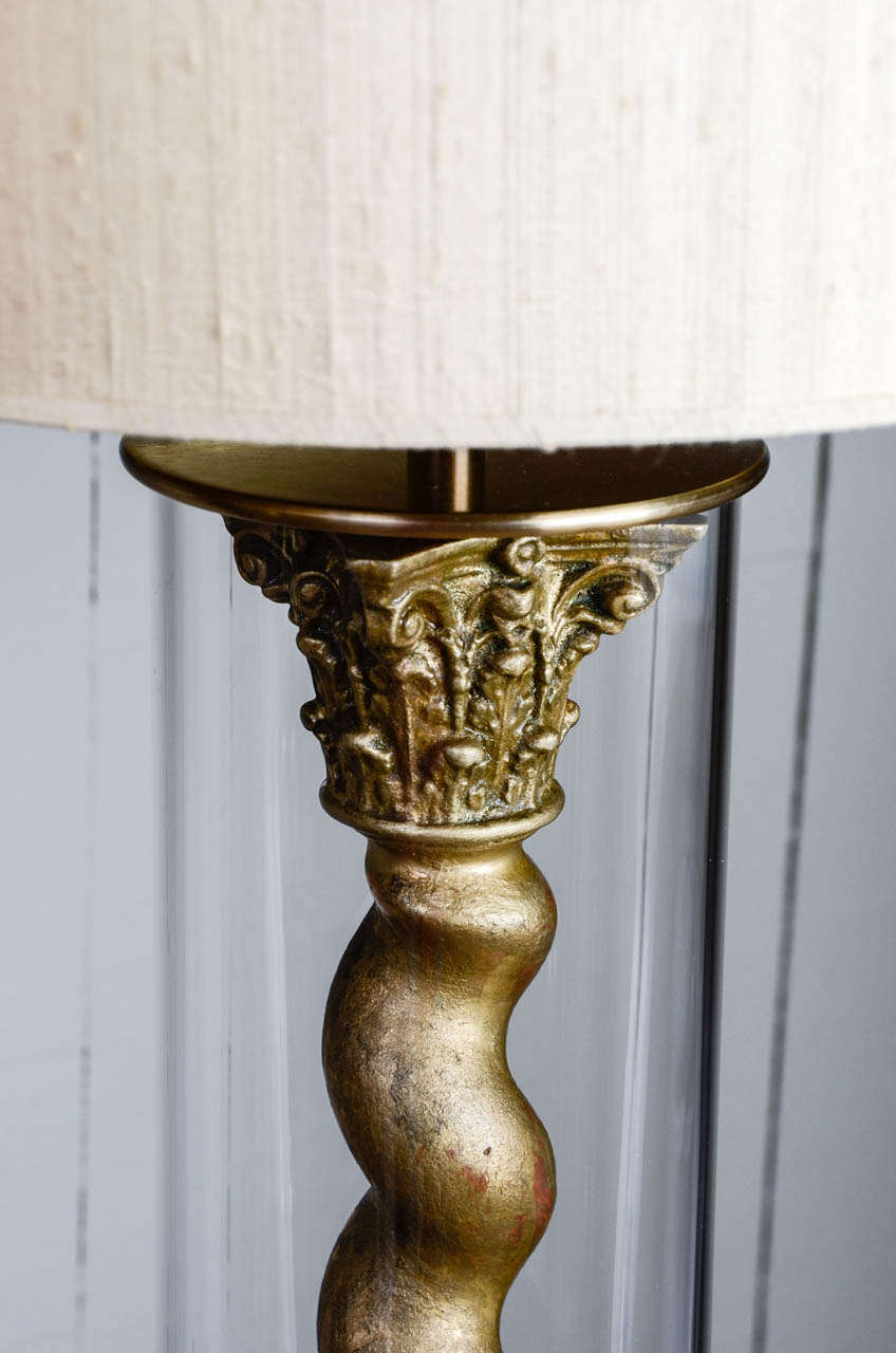 Pair of Table Lamps with Golden Carved Tosades inside a Glass Tube 1