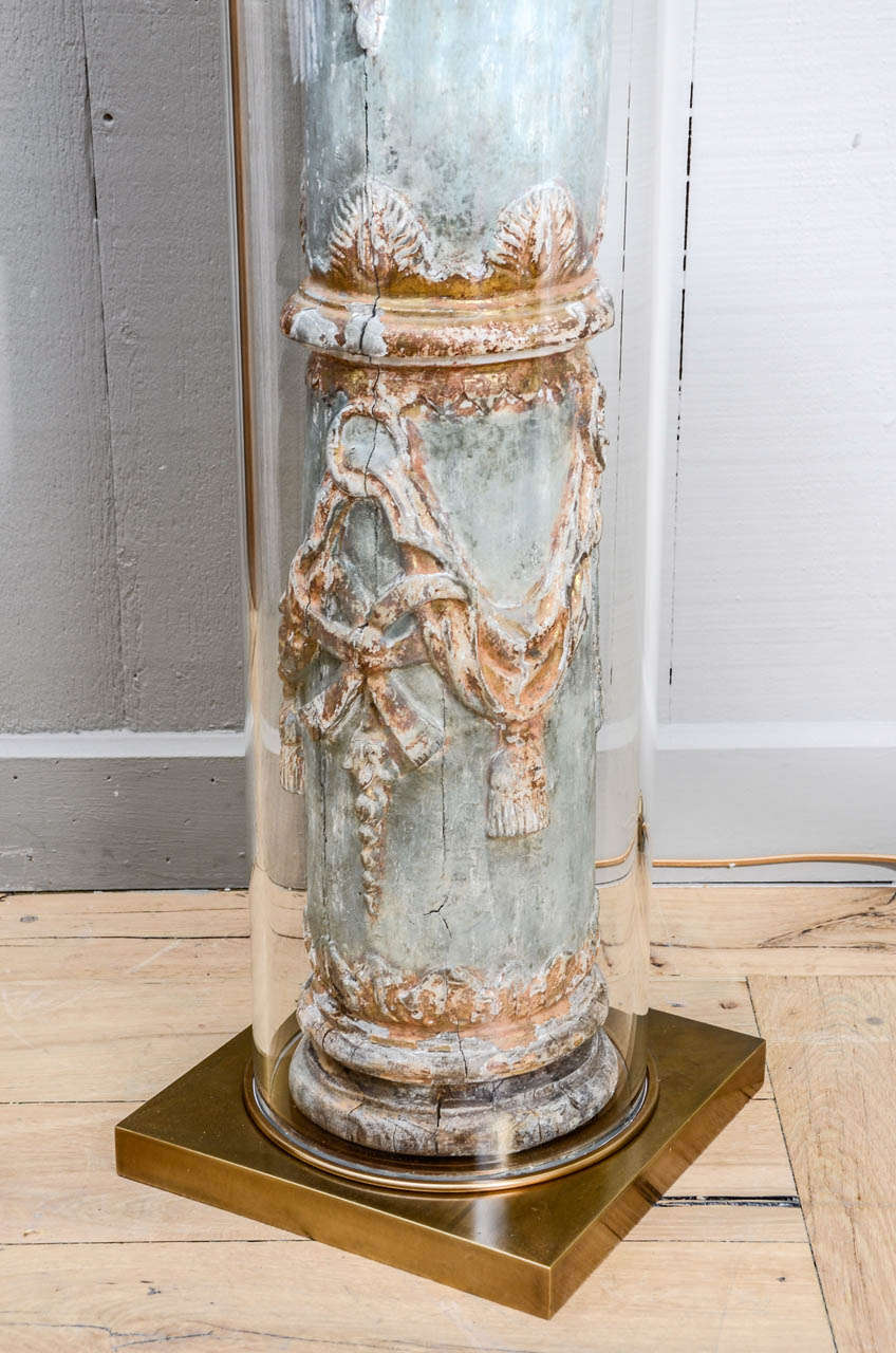 Large Glass Tube Floor Lamp with 18th Century Carved Wood Column and Shade In Excellent Condition In Paris, FR