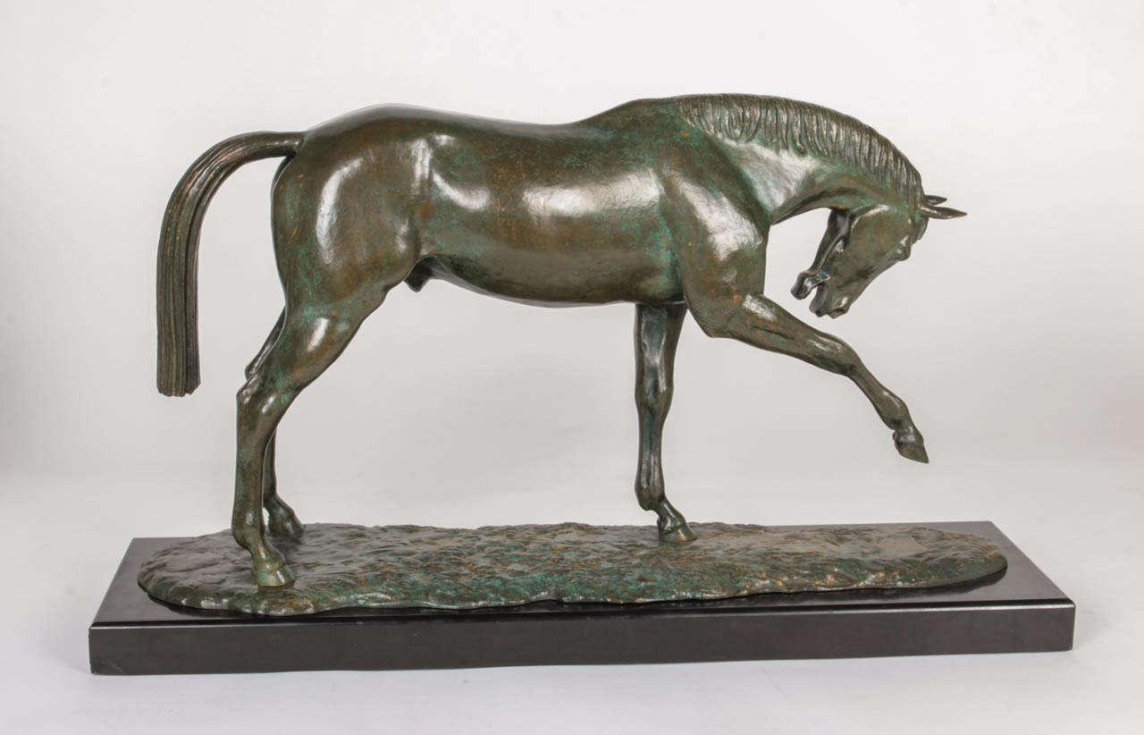 Andre Vincent Becquerel (1893-1981) France.

Arabian horse sculpture, circa 1930.

Bronze with overall rich green and brown patina with intricate sculpting and details, black Belgian marble plinth base.

Signed: A. Becquerel (inscribed in the