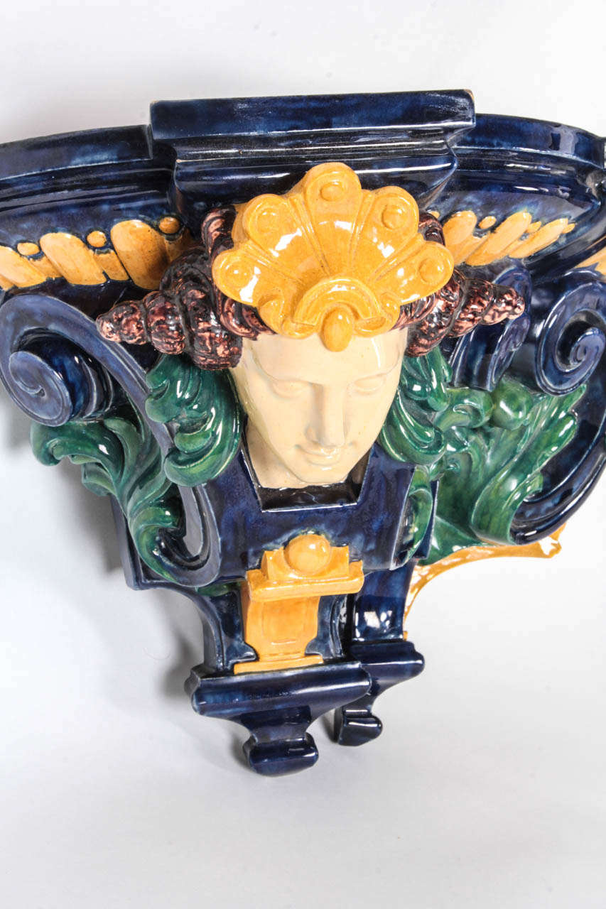 Eugene Schopin French Renaissance Revival Style Majolica Wall Shelf, circa 1872 In Excellent Condition For Sale In New York, NY