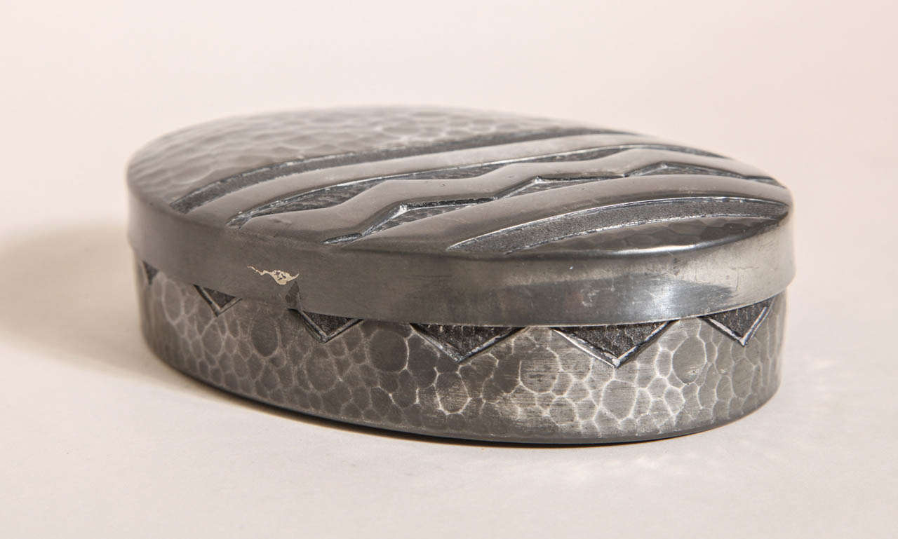 French René Delavan Art Deco Dinanderie Pewter Covered Box For Sale