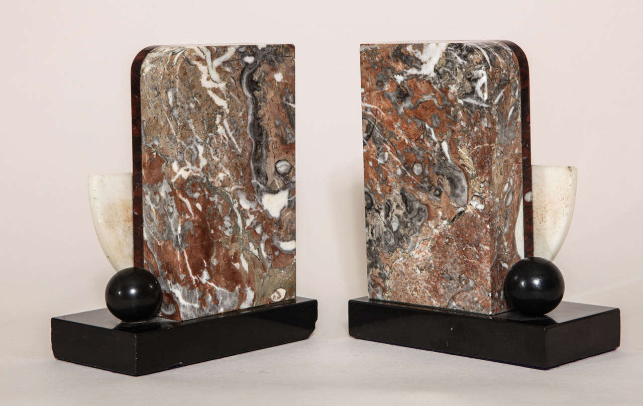 French Art Deco Marble and Patinated Metal Bookends For Sale 2