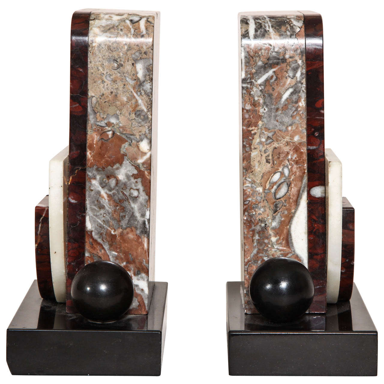 French Art Deco Marble and Patinated Metal Bookends For Sale