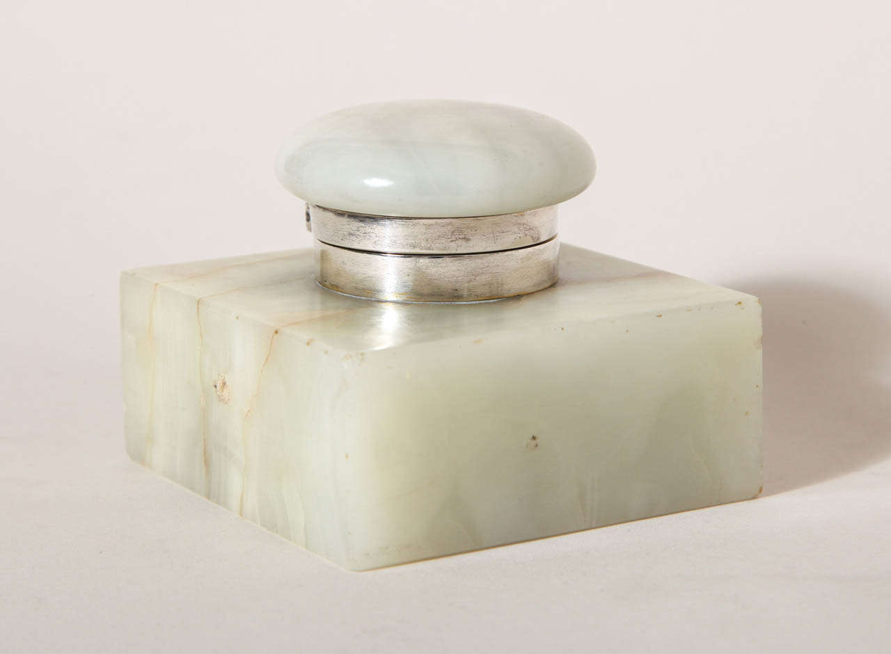 British Charles Boyton & Sons English Art Deco Onyx & Silver Inkwell