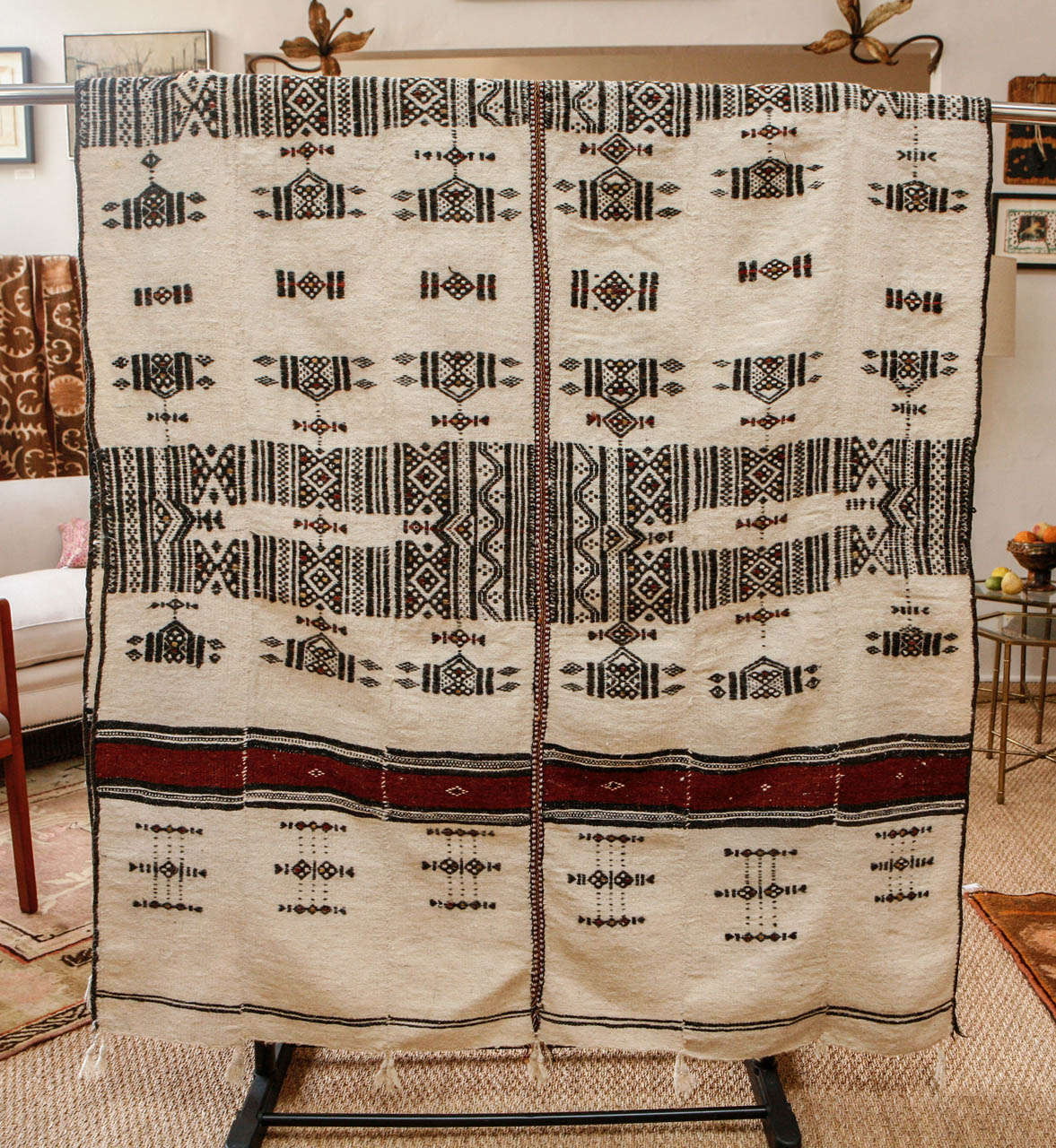 Traditional hand woven, brocaded blanket for Fulani tribal weddings (West, Central and Sudanese Africa).  Made in two panels, white wool with red and black handweave brocade.