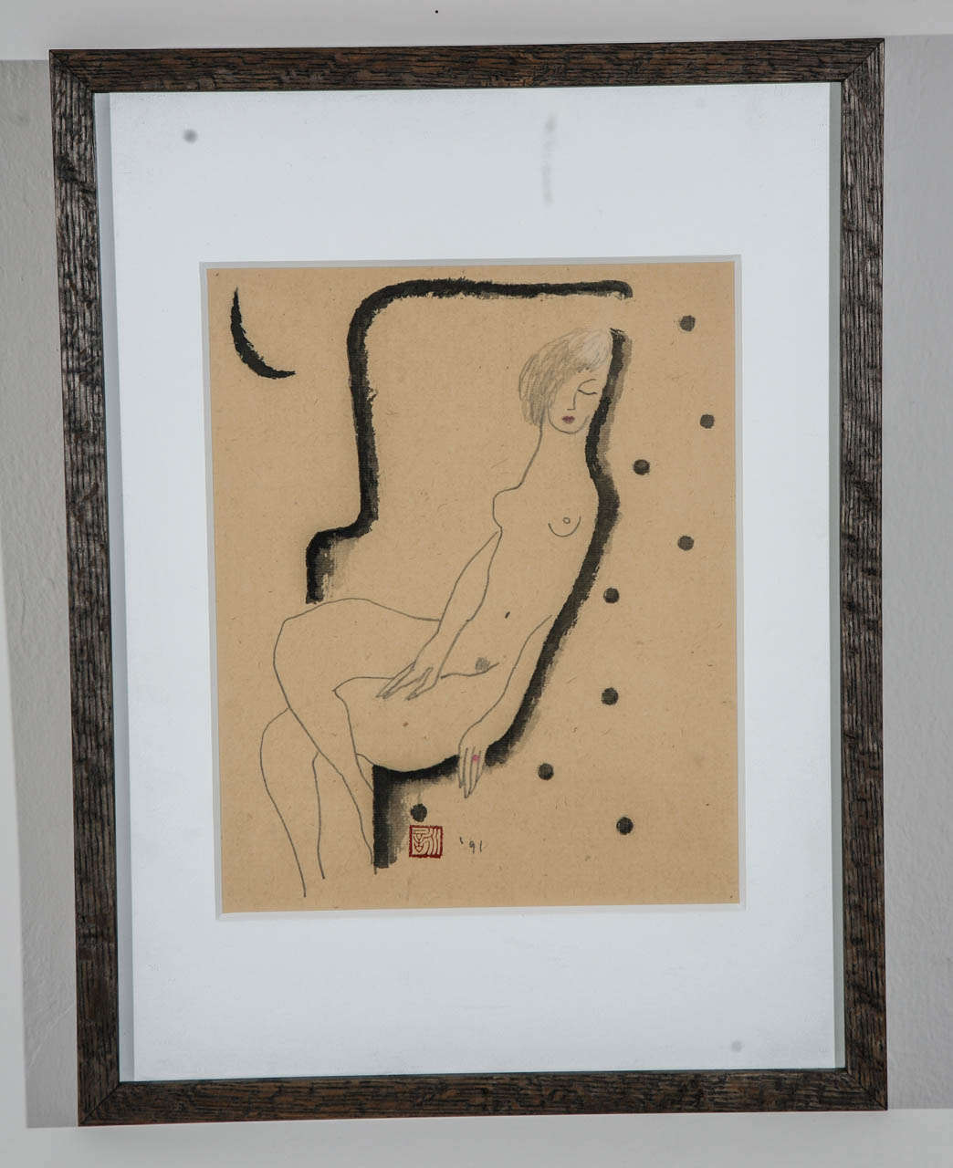 Framed drawing of reclining nude on natural paper. White matting with ebonized wood frame.  Signed with a Japanese style stamp and dated. Dimensions: 16 3/4