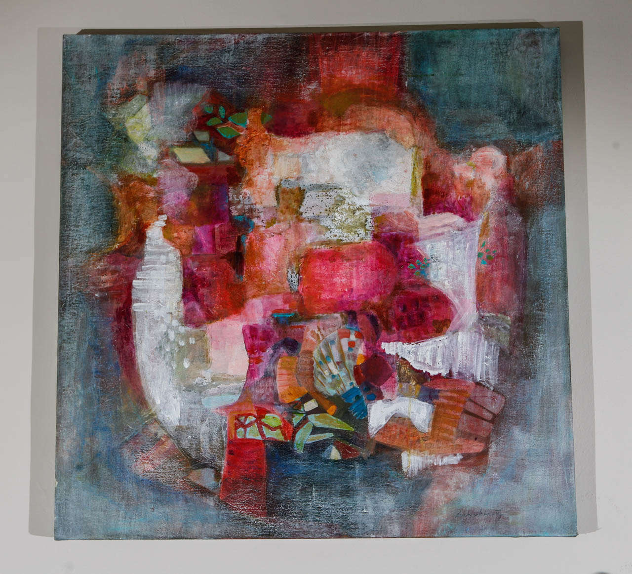 Abstract on canvas in muted pinks and oranges.  On stretcher with painted edges. Lyn Schwartz, San Diego artist.  Dimensions: 36