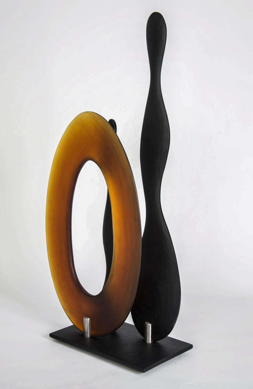 Cast glass sculptural components and base with battuto finish by British studio artist Simon Moore. Unique piece.