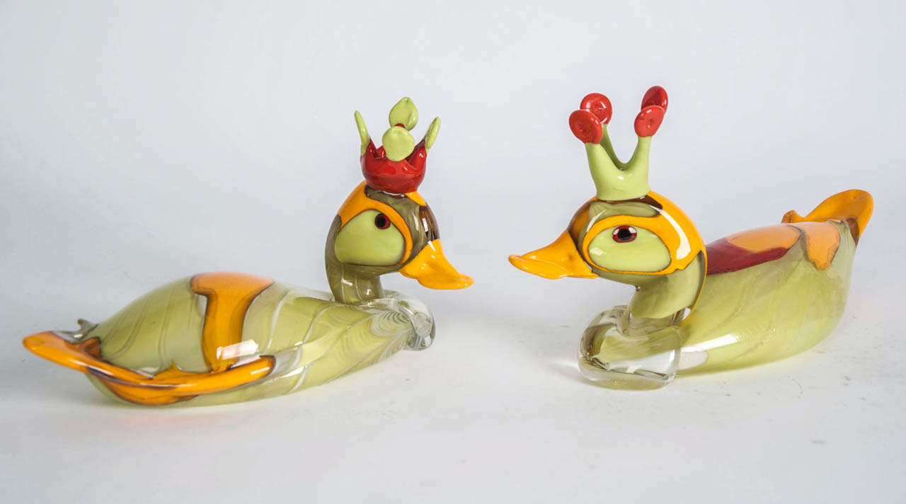 Blown Glass Multi-Coloured Glass Ducks