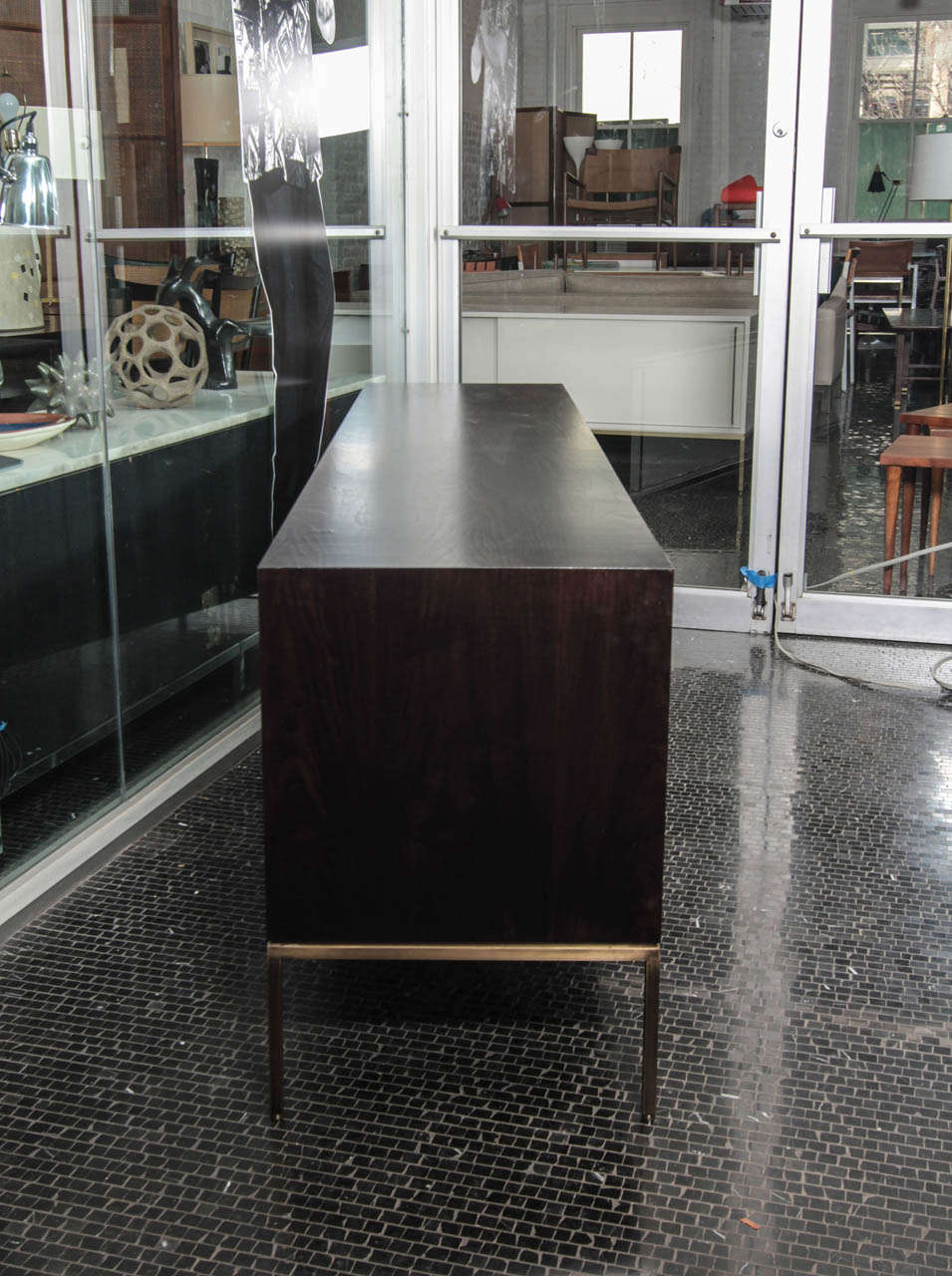 American Ebony and Painted Cane Credenza with Antique Brass Base and Handles For Sale