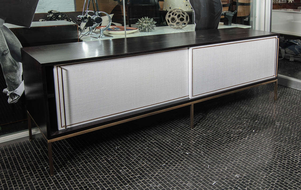Ebony and Painted Cane Credenza with Antique Brass Base and Handles In Excellent Condition For Sale In New York, NY