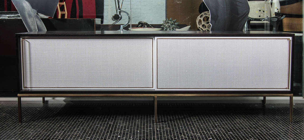 Ebony and Painted Cane Credenza with Antique Brass Base and Handles For Sale 1