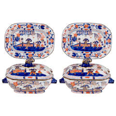 Pair of Antique Imari Tureens with a Chinoiserie Design of Imari Colors