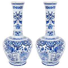 Antique Pair of Dutch Delft Blue and White Bottle Vases