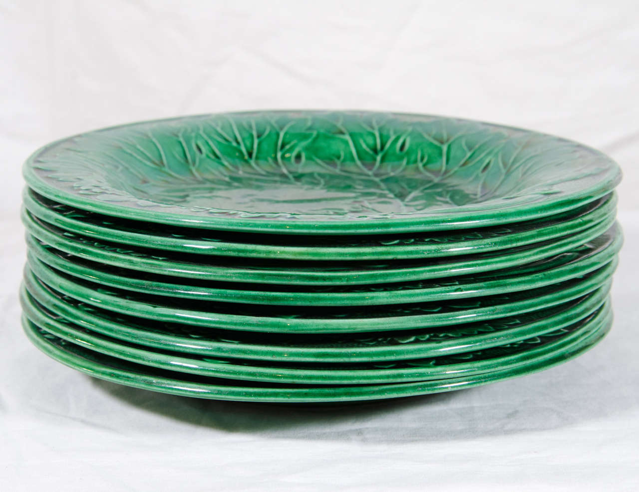 English Set of Eight Antique Green Majolica Dishes