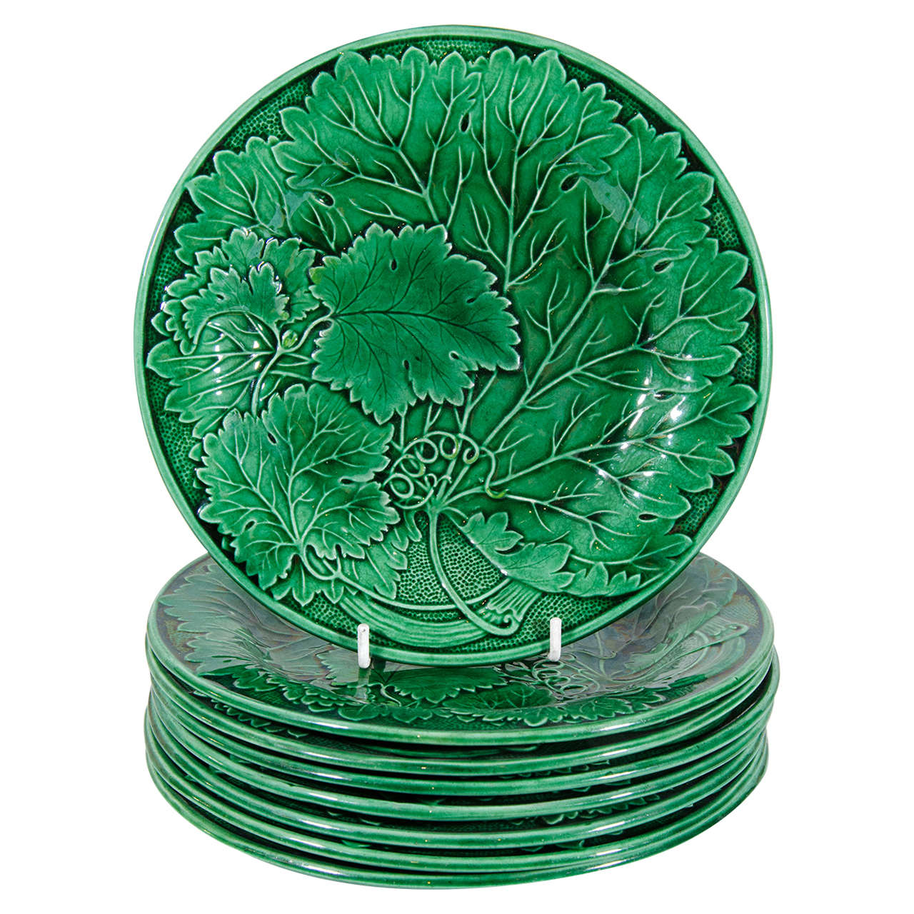 Set of Eight Antique Green Majolica Dishes