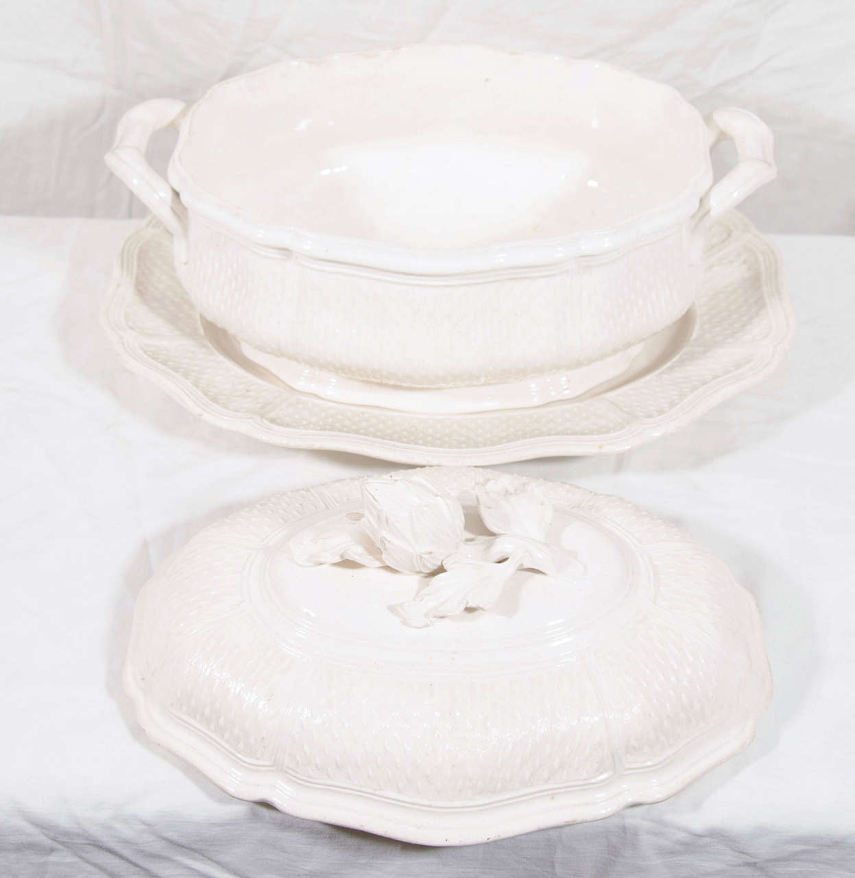 Pair of Antique Pont-aux-Choux Creamware Soup Tureens 1