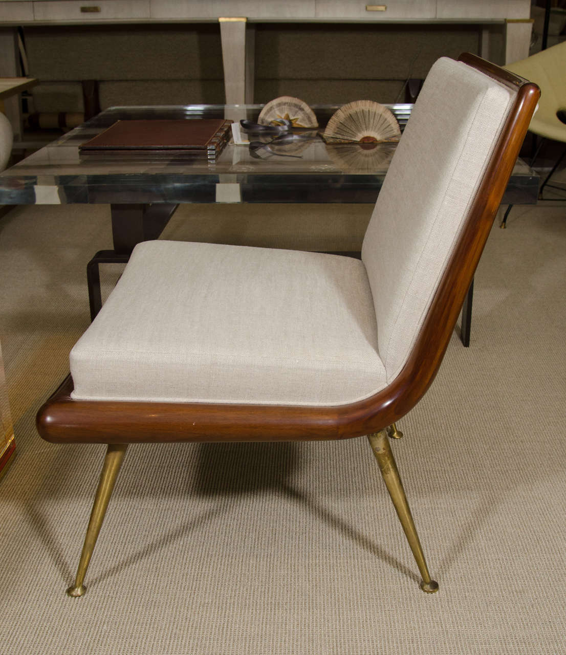 Pair of T. H. Robsjohn-Gibbings Slipper Chairs with Brass Legs In Excellent Condition For Sale In New York, NY