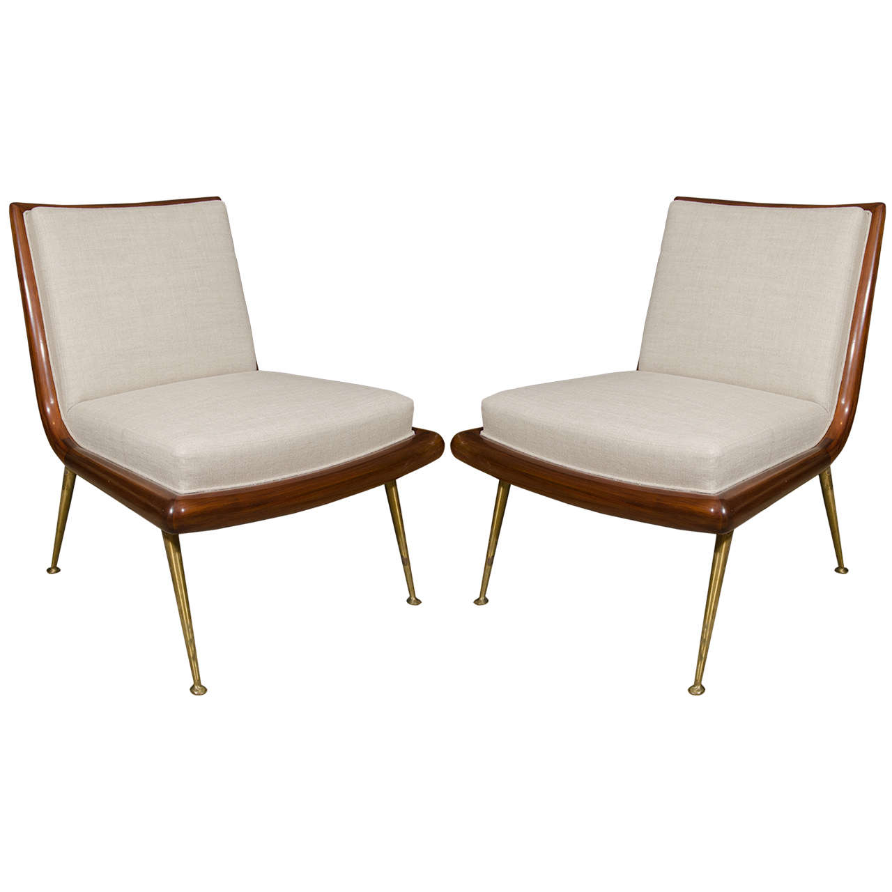 Pair of T. H. Robsjohn-Gibbings Slipper Chairs with Brass Legs For Sale