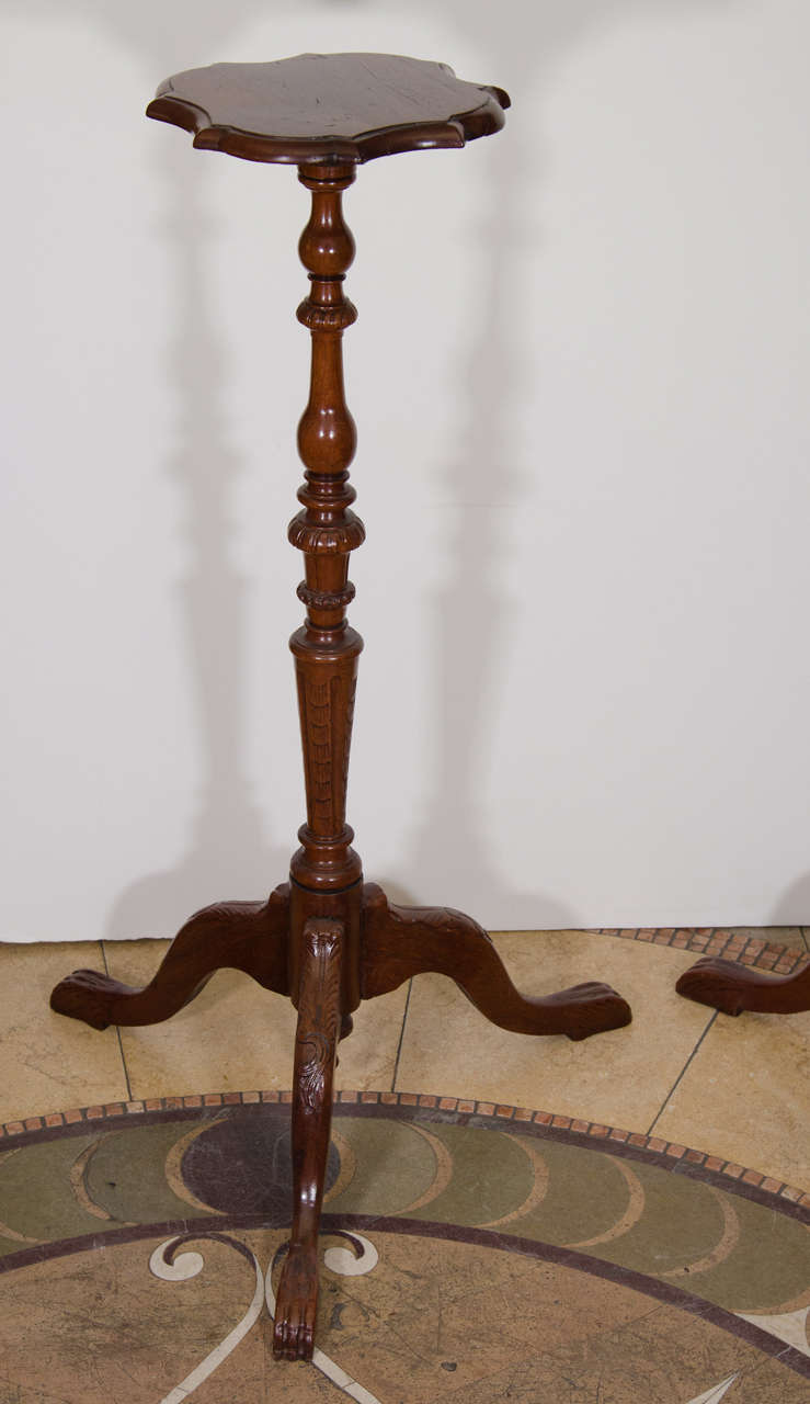 A pair of Continental carved walnut pedestal torchieres with shaped tops, turned stems and tripod supports.