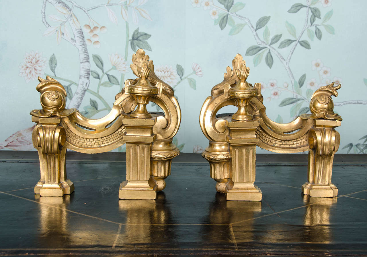 Pair of Louis XVI 18th Century French Gilt Bronze Fire Dogs