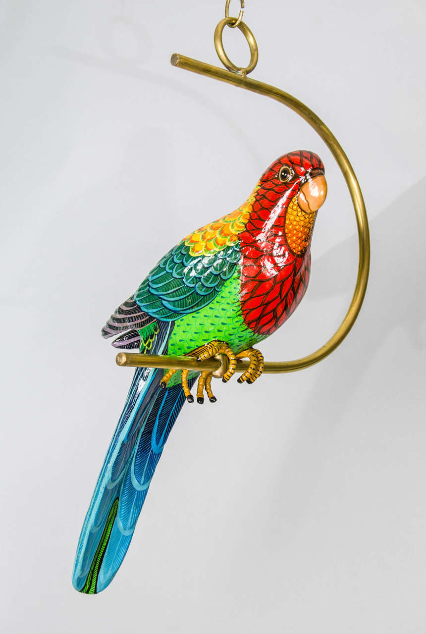 Large papier mache parrot on a brass hanging stand by the Mexican artist Sergio Bustamante.
Signed on the neck and numbered 29/100.
Excellent conditions
The sculpture comes with its authenticity certificate;Purchased from an art gallery in Boston